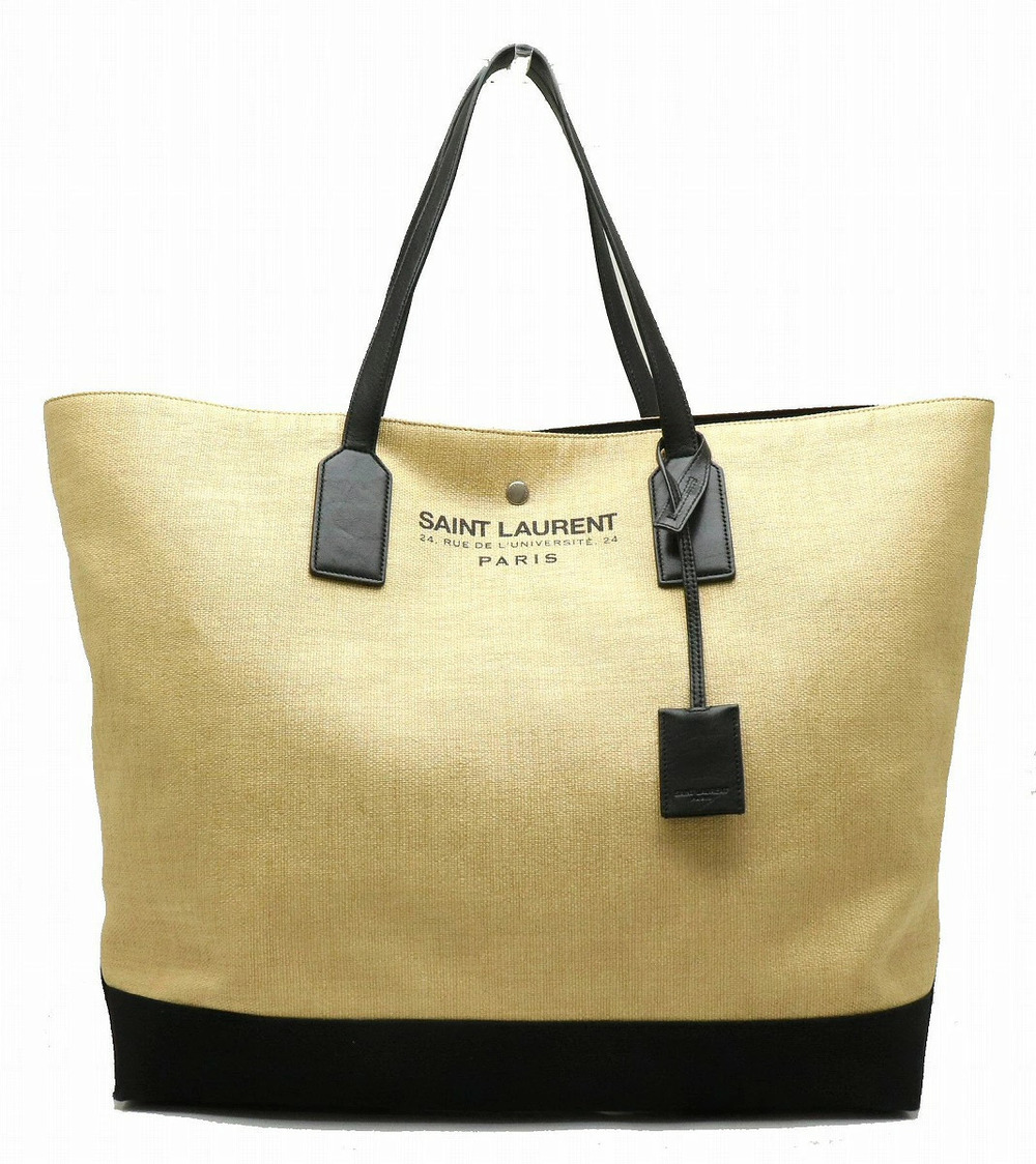 SAINT LAURENT PARIS Beach Shopping East West Tote Leather Raffia Canvas Black